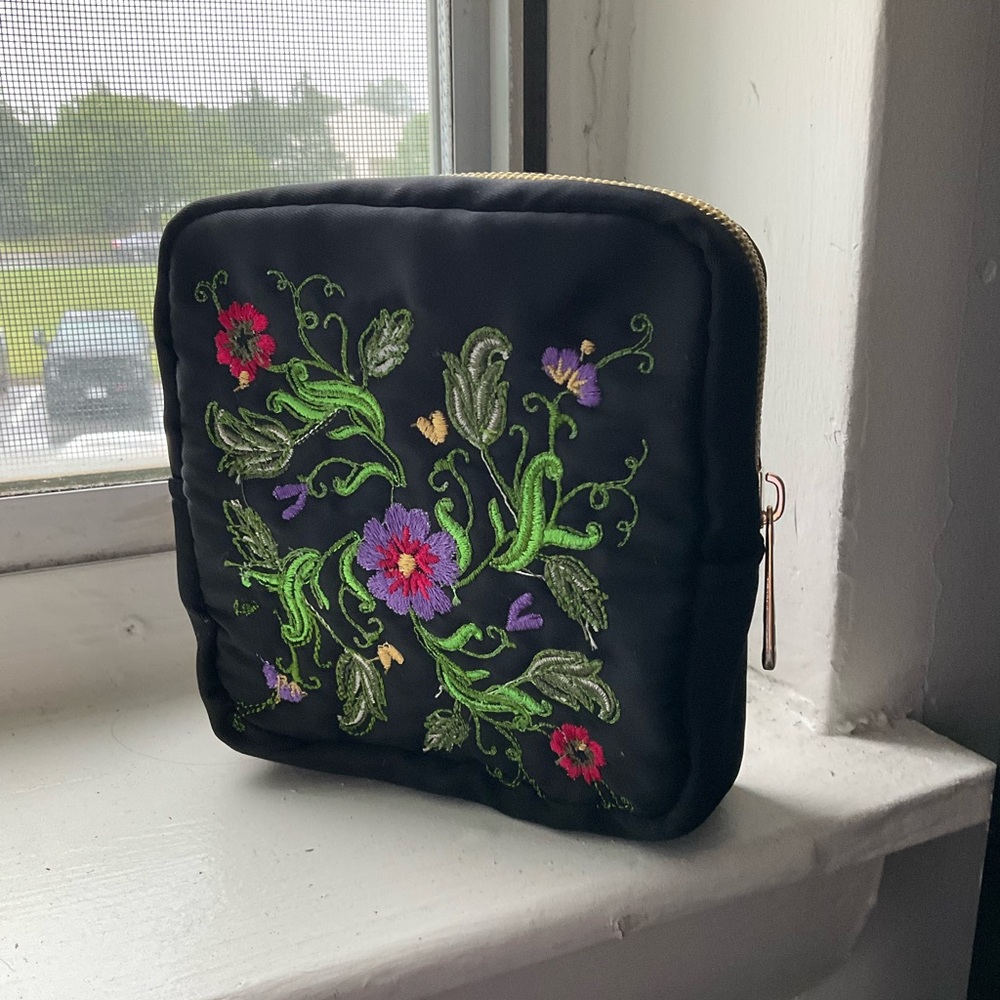 Embroidered Black Floral Zip Pouch